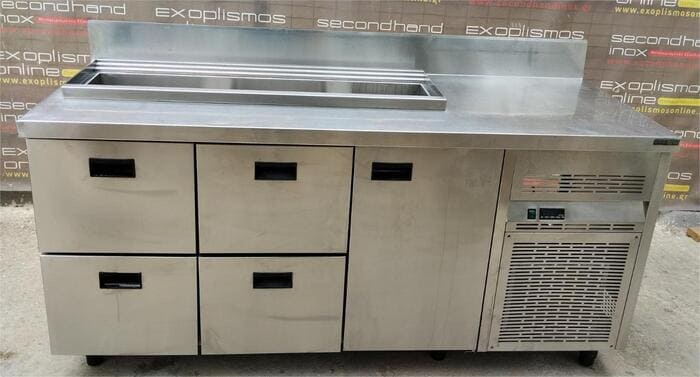 Μεταχειρισμένο Ψυγείο Πάγκος Σαλατών Συντήρηση Για 7Gn 1/4 Με 4 Συρτάρια & 1 Πόρτα 186x70x89Cm NIKIINOX